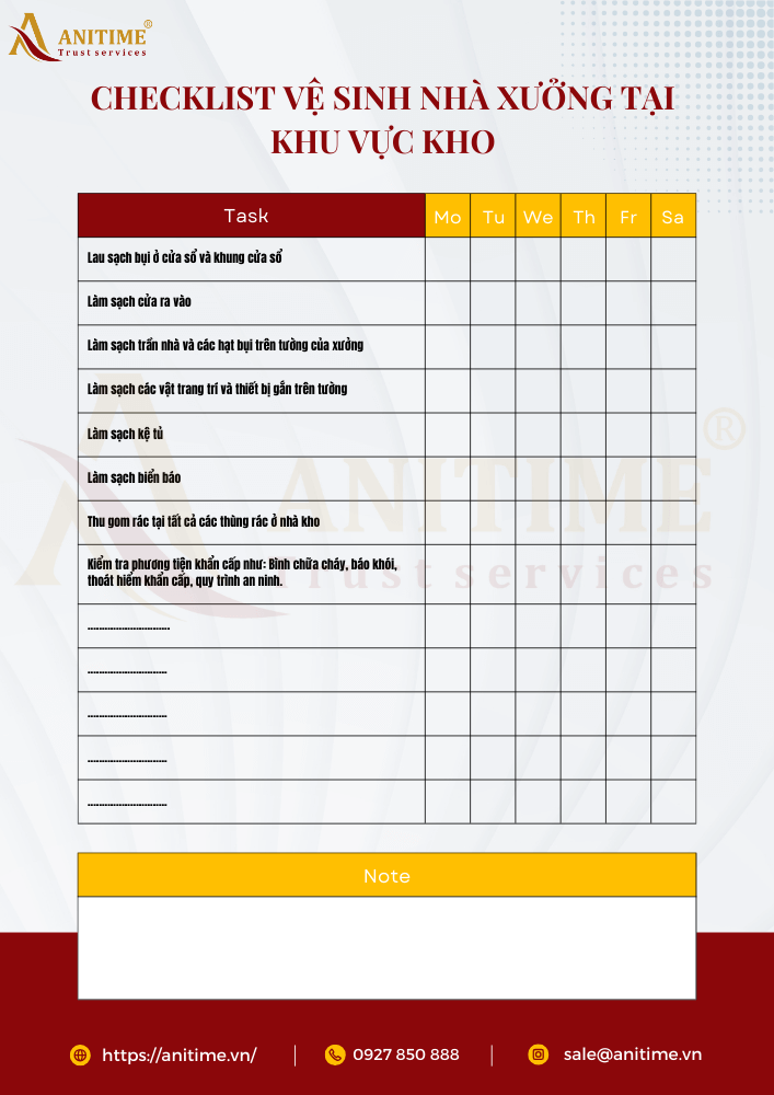 Checklist vệ sinh nhà xưởng tại khu vực kho