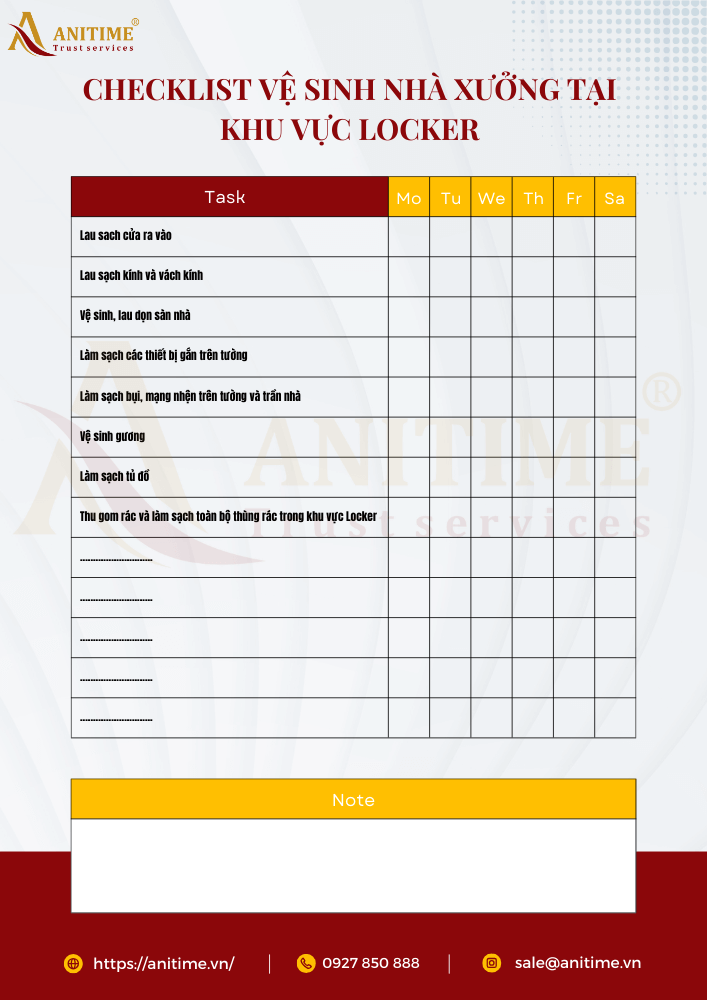 Checklist vệ sinh nhà xưởng tại khu vực Locker