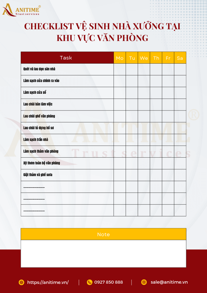 Checklist vệ sinh nhà xưởng tại khu vực văn phòng