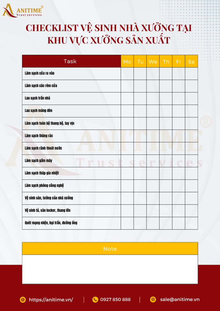 Checklist vệ sinh nhà xưởng tại khu vực xưởng sản xuất