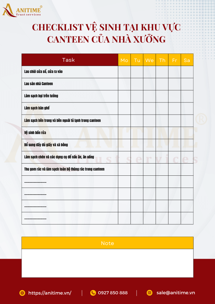 Checklist vệ sinh tại khu vực Canteen của nhà xưởng