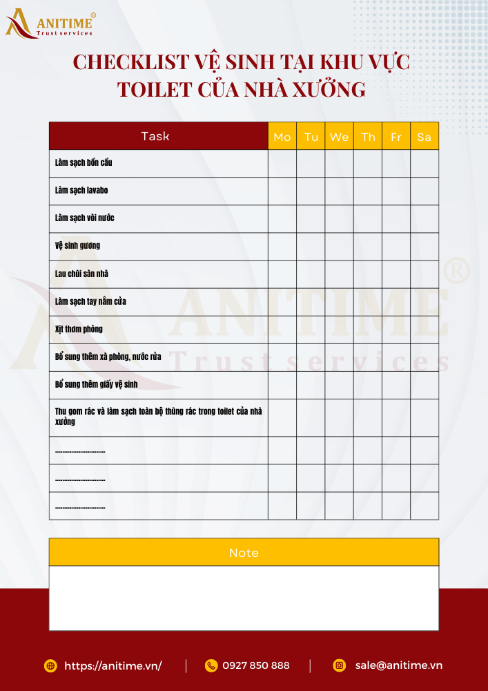 Checklist vệ sinh tại khu vực toilet của nhà xưởng